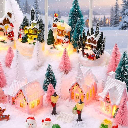 Kasyat Valentines Pink Village Set LED Lighted Christmas Village Houses Accessories with Xmas Tree Streetlight Figurines Crafts Town Scene Deer