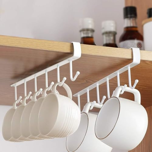 PAIKIUU 2er-Pack weißer Becherhalter Haken unter dem Regal Tassenaufbewahrung für Schränke, kein Bohren Becherregal Organizer Aufhänger für Küche Schrank Café Bar