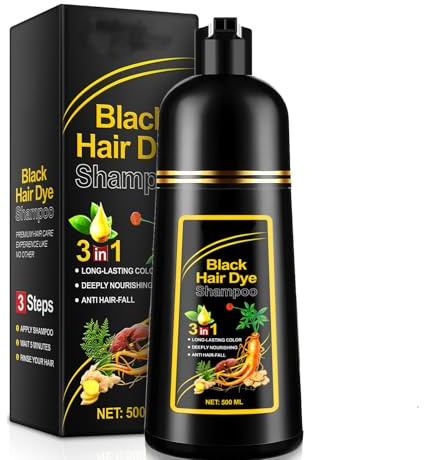 Champú de Color Tinte Pelo Instantáneo para Mujer Hombre, 500ML Black Hair Dye Shampoo 3 en 1 Natural y Duradero Champú para Teñir el Cabello Negro, Acción Rápida, Fácil y Rápido de Usar