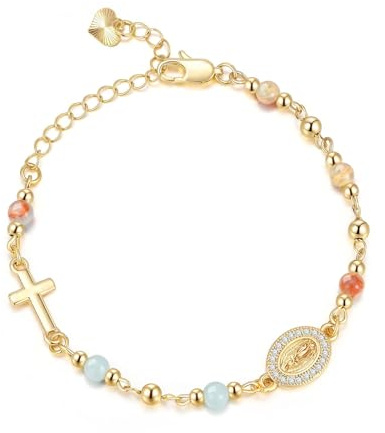 Bracelet Croix Femme en Pierre Naturelle – Bracelet Chrétien Plaqué Or avec Médaille Vierge Marie, Bracelet Doré Femme Ajustable, Bijou Religieux pour Baptême, Communion, Confirmation, Cadeau Chrétien