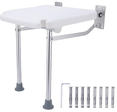 Luocute Uppfällbar Duschsits, Väggmonterad Justerbar Höjd 42-53 Cm Robust Ram Av Aluminiumlegering med öppningar för Duschhuvud och Dräneringshål, för äldre Gravida Kvinnor