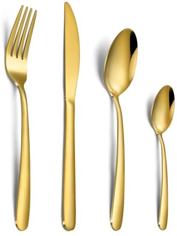 Hunnycook 32-Piece Gold Cutlery Set - Stainless Steel Cutlery Sets for 8 People, Mirror Polished Gold Forks Knives and Spoons Set, Dishwasher Safe Tableware Set for Kitchen, Parties & Weddings