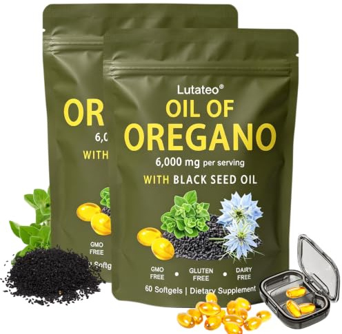Oil of Oregano Softgels, Oregano & Black Seed Oil Capsules, 2 in 1 6000mg Oil of Oregano with Black Seed Oil 200mg, 60 Softgels, Gentle Daily Support, Gluten Free (2PC)