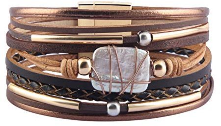 GelConnie Leder-Manschetten-Armband, Barockperle, Wickelarmband, wunderschöner Goldschlauch-Armreif, Boho-Armband, Bohemian-Armband, Schmuck, Geschenk für Frauen, Ehefrau, 7 9 inch, Leder