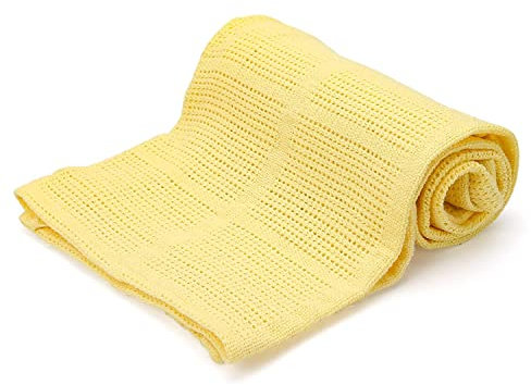 DUDU N GIRLIE Cot Blanket - 100% Pure Cotton Extra Soft Cellular Nursey Baby Toddler Blanket – All Season Blanket Travel Cot/Cot Bed - (100 x 150 cm, Yellow)