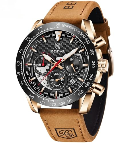 BENYAR by Montre Homme Etanche Chronographe Lumineuses Classique Montres Bracelet en Cuir Grand Cadran Date Analogique Homme Cadeau élégant