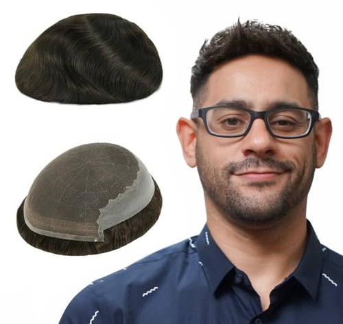 Lordhair Peluca Hombre,Peluquin Cabello Natural, cordón francés con el claro PU,Medida de la Base Peluquin 20X25 CM Prótesis Capilar para Hombres Cabello Natural Peluca Prótesis Capilar Hombre