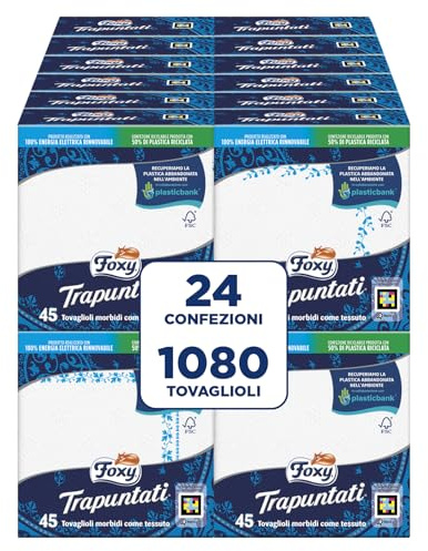 Foxy Servilletas acolchadas, 24 paquetes de 45 unidades de 40 x 38,5 cm, blancas y decoradas, FSC 100% de energía eléctrica renovable, 100% reciclable