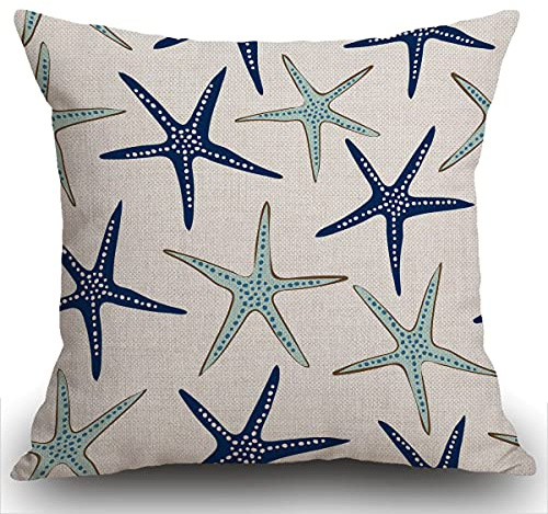 Smooffly Coastal Nautical Cushion Cover, Coastal Nautical Starfish Repeat Pattern Navy Blue Square 18 x 18 Inches Decorative Throw Pillow Cover Cotton for Sofa Bedroom Car 45 x 45 cm