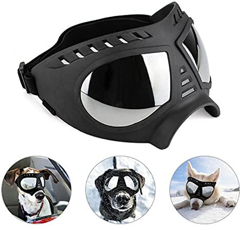 DUBENS Hundebrille - Große Rasse Hunde Sonnenbrille Winddicht Schneefest Haustierbrille, elastische verstellbare Träger, Anti-Staub/Haze Large Frame UV Schutzbrille (Schwarz)