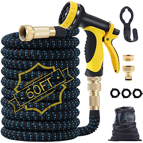 Expandable Garden Hose, 50ft Flexible Water Hose Pipe Expanding Hose Magic Hose Pipes with 1/2 & 3/4 Solid Brass Fittings,10 Functions Spray Gun,Triple Latex Core, No-Kink,Leak-Proof Expandable Hose