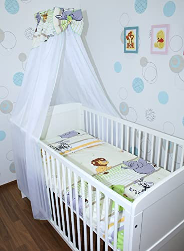 Primawela Baby Bettset Bettwäsche mit Himmel Chiffon - Safari Grün - Bettausstattung Set (5 teilig)