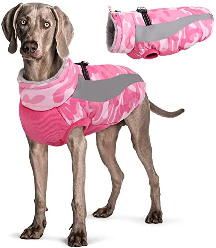 Hjyokuso Hundemantel Wasserdicht, Wintermantel Hund, Hundejacke für Kleine Mittel Große Hunde, Winddichte Hundekleidung Winterjacke mit Reflektierender Streifen und Reißverschluss - Rosa L