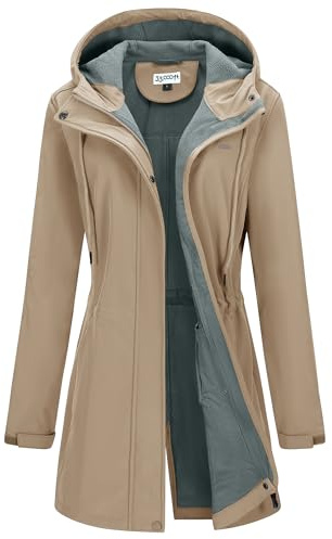 33,000ft Women's Softshell Long Jacket with Hood Fleece Lined Windproof Warm up Waterproof Windbreaker