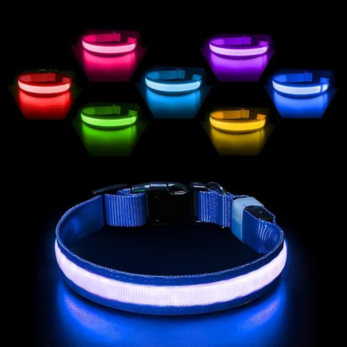 PcEoTllar Leuchthalsband Aufladbar, Einstellbar für Hunde Blau-S | LED Halsband mit 7 Farben & Blinkmodi. Aufladbar, wasserdicht & verstellbar für kleine bis große Hunde