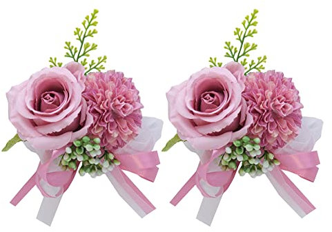 URFEDA 2 Stück Ansteckblume Handgelenkblume Lila Rose Hochzeit Boutonniere Künstliche Ansteckblume Braut Brautjungfer Handgelenk Blume Blumenarmband für Hochzeiten, Bankette, Jubiläumsdaten