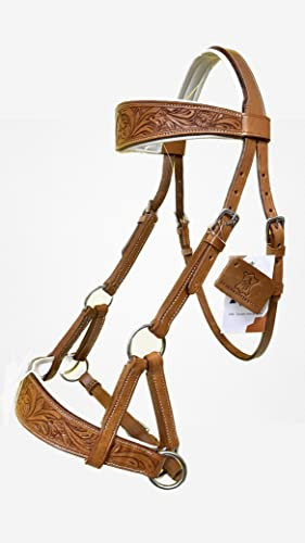 AMAZING HORSE STUFF Sidepull gebisslose Zaumzeug mit Designer-Handschnitzerei auf Stirnband & Nasenriemen oval geformt (Pony)