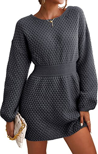 CUPSHE Damen Strickkleid Kleid Rundhals Langarm Grobstrick Pulloverkleid Pulli Lässig Sweater Tunika Knit Mini Dress Schwarz M