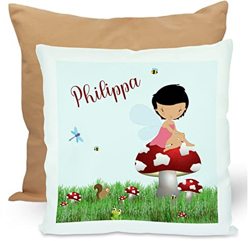 CreaDesign, Kinder Kissen 40x40 cm personalisiert mit Namen, Kinderzimmer Deko Kissen Kinder mit Füllung Federn, Motiv Frosch, Rückenfarbe Beige