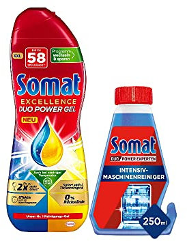 Somat Excellence Duo Power Gel Zitrone, Limette 58 WL & Somat 5in1 Intensiv-Maschinenreiniger, flüssig zur Tiefenreinigung, Entkalkungsfunktion, 250 ml (1er Pack)