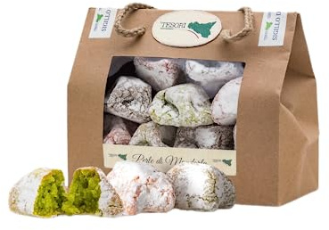 Paste di Mandorla Siciliane Artigianali, Borsetta regalo in Cartone, confezionate in monoporzione gusti assortiti, dolci Siciliani alle mandorle 200g