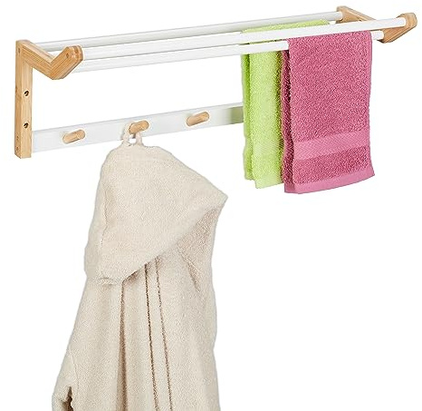 Relaxdays Porte-Serviettes Mural, HxLxP : 22x60x20 cm, Crochets & Barres sèche-Serviettes, Bambou, Naturel/Blanc