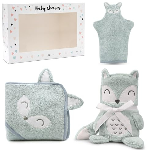 3 Set Geschenk zur Geburt - Babydecke + Kapuzenhandtuch + Baby Waschlappen - Baby Decke wird zusammengerollt zum Kuscheltier - Neugeborenen Geschenk in verschiedene Designs
