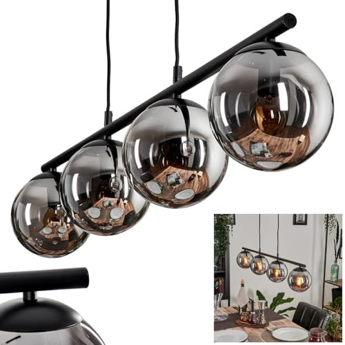 Pendelleuchte Gastor, Hängelampe aus Metall/Glas in Schwarz/Rauchfarben, Leuchte im Vintage/Retro Design mit Schirmen aus Glas (Ø 15 cm), Höhe max. 108 cm, 4 x E14, ohne Leuchtmittel