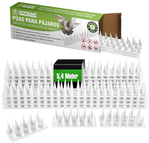 ISOTRONIC Plastic Bird Repellent, Animal Repellent, Spikes for Cats, Martens, Pigeons, Fence, Windowsill, Roof, Pigeon Repellent, Bird Protection, Robust (White, 5.4 Metres / 12 Elements)