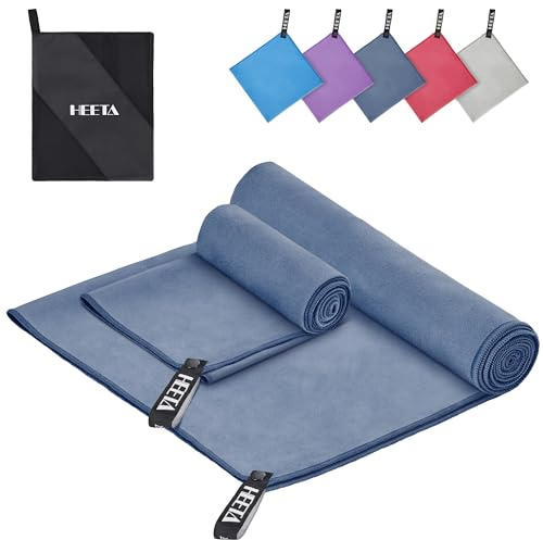 HEETA Microfaser Handtücher Set 2 Stück (80x40cm + 180x90cm) -Weich Schnelltrocknende Handtücher für Fitness, Yoga und Outdoor-Aktivitäten, Microfiber Towel mit Aufbewahrungsbeutel, Navy blau