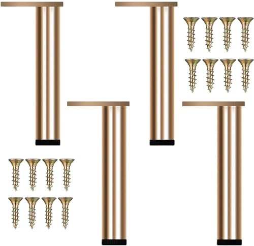 KMERCE 4pcs Gold Metal Furniture Legs, Modern Table Legs, Replacement Legs for Coffee Table, TV Cabinet, Wardrobe, Dining Table, Bed, with Screws+Non-Slip Base+Adjustable Height 40-41 cm