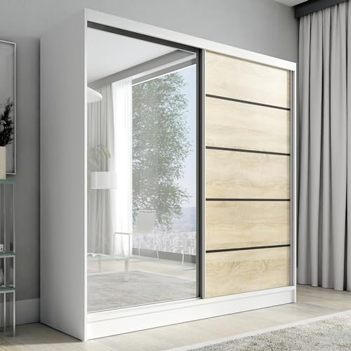 A&J MöbelLand Schwebetürenschrank Nero Kleiderschrank 2-türig mit Schubladen und Spiegel, Garderobe 200 cm (Weiß/Sonoma)