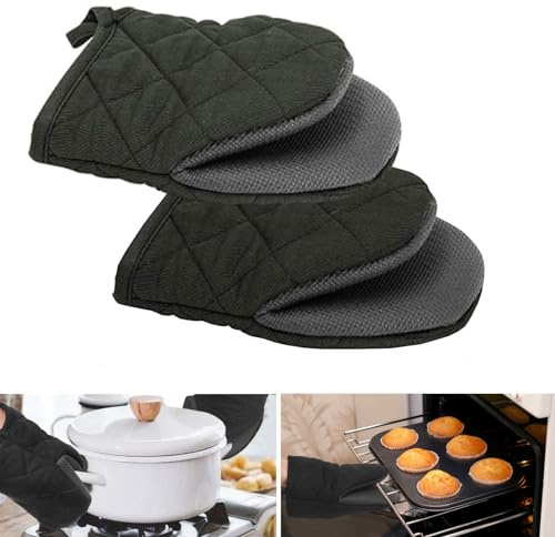 Figarge 1 Paar Mini Ofenhandschuhe Hitzebeständig rutschfest Neopren Baumwollhandschuhe mit Aufhängeschlaufe Shell Küche Ofenhandschuhe für Mikrowelle, Backofen, BBQ, Kochen