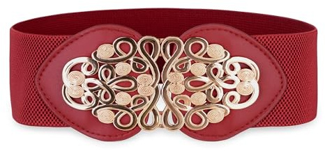 BlackButterfly Bred Dra åt Stretchig resår Midjeband Retro Guld Medusa Spänne Midja Bälte (Röd, XL)