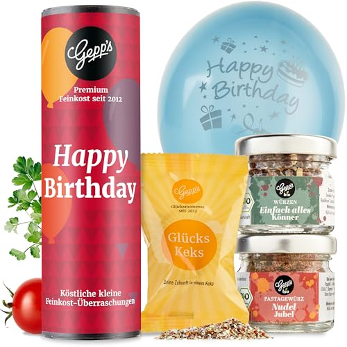 Gepp‘s Feinkost Kleines Geschenkset Happy Birthday I Geburtstagsgeschenk | Geschenk gefüllt mit leckeren Delikatessen I Mitbringsel für Erwachsene I Kleine Geschenkidee