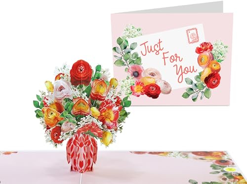 Ranunkeln 3D Pop Up Karte Geburtstag – Handgemachte Blumenkarte Für Frauen – Grußkarten Für Muttertag Jahrestag, Valentinstag, Ich Liebe Dich – Kommt Mit Aufklebern – Von Central 23