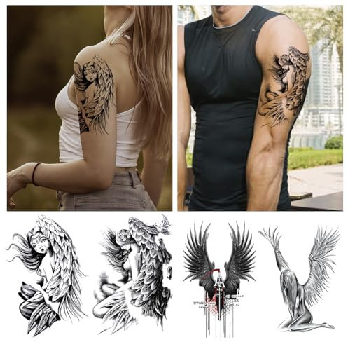 CARGEN Tatuaggi Temporanei Grandi, Set di 4 Fogli, Adesivi per Tatuaggi, Piume d'Angelo, Ali d'Angelo, Adesivi per Tatuaggi Neri, Adesivi per Il Corpo, Uomini e donne