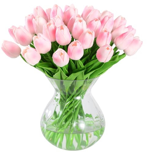 JUSTOYOU 40 Künstliche Tulpen Blumen,Fake Real Touch Latex Tulpe, Faux Blume Tulpe Hochzeit Sträuße für Hochzeit Home Garten Dekoration(Rosa)