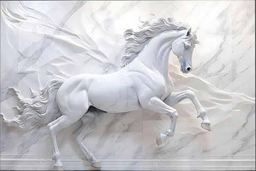 ZYHFDC Papier Peint Panoramique Relief en plâtre du cheval blanc Tableaux Muraux Tapisserie Photo Décoration Murale Salon Chambre 350CM(L)*256CM(H)