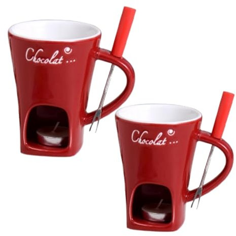 2PCS Fondue Chocolat Bougie, Tasses à Fondue Au Chocolat, Céramique, Tasse à Fondue Candy 130 Ml avec Fourchette pour Dîner Chauffe-Beurre Tapas à La Maison, Fondoir pour Chocolat et Fromage, Brun