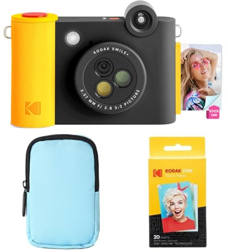 KODAK Smile+ - Paquete de iniciación de cámara instantánea Digital e Impresora fotográfica 2 en 1, Funda de Lujo + Papel Zink 20 Unidades, 10 MP, Lente giratoria, Color Negro
