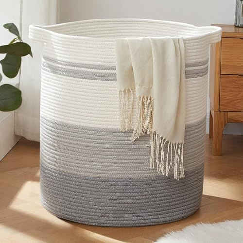 Oiahomy Wäschekorb mit Griffen, 100 Liter, Aufbewahrungskorb, dekorativer Korb für Wohnzimmer, gewebt, für Spielzeug, Kissen, Decken, Kleidung, 48,3 x 53,3 cm, grauer Farbverlauf