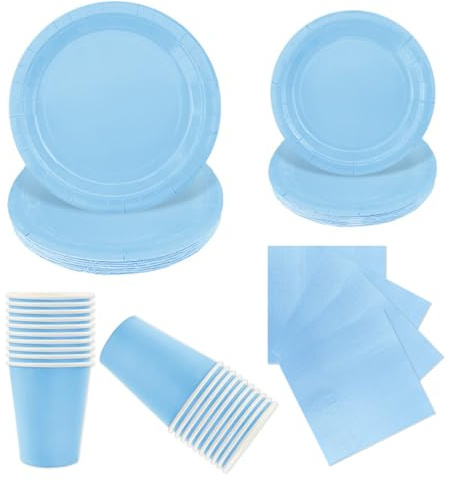 LAWALEISHE 96pcs Blue Party Tableware Set, Disposable Blue Paper Plates, Cups and Napkins, Solid Color Paper Tableware for Weddings, BBQ and Birthday Parties, Table Decorations