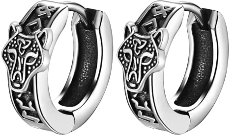 Cupimatch Wikinger Ohrringe Herren Creolen: Edelstahl Retro Wolfskopf Keltischer Knoten Ohrstecker Wikingerrunen Huggie-Ohrringe Amulett Schmuck für Männer Vater Sohn