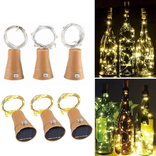 Pack of 6 Solar Led Bottle Cork Lights, 1M Copper Wire String Lights with 10 LED Bulbs Waterproof Copper Cork Shaped Lights for Outdoor BBQ, Gathering, Party, Wedding, Holiday (6pack Warm White)