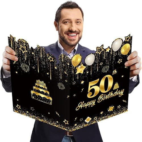 AIBAOBAO Stort födelsedagskort 50 år gammal kvinna man XXL, 42,5 x 30 cm, personligt jätte svart guld gratulationskort, Happy Birthday-kort, 50 år gammal original humor vuxen