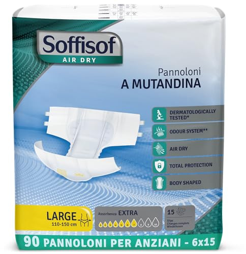 Soffisof Air Dry Pannoloni con Adesivi Extra L - 90x Pannoloni per Anziani a Mutandina - 6 Confezioni da 15 Pezzi, Assorbenza fino a 7 Gocce - Ausili Incontinenza Uomo e Donna