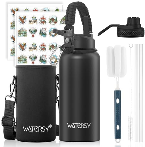 WATERSY 946ml Botella Térmica, Botella con 2 tapas Acero Inoxidable 32oz Negro Sin BPA, Termo de Agua con Pajita Doble Pared para Frío 48h/Calor 24h, para Gimnasio, Viajes y Deporte