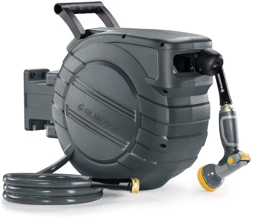 GLAHODEN Retractable Garden Hose Reel 1/2 in x 155 ft Metal Bracket, 2025 Upgraded Dual Ratchet Lock UV & Freeze Protection Brass Seal Slow Retraction Anti-Tangle Hose 180°Swivel