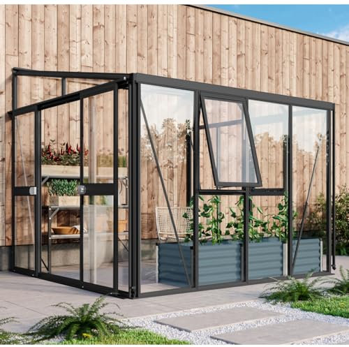 Vitavia Anlehn-Gewächshaus Helena 7000, schwarz, 7,0 m², 3 mm ESG, 10 mm HKP | Wetterfestes & stabiles Wand-Gewächshaus zur Pflanzenanzucht | Ideales Treibhaus für Gemüse, Kräuter & Blumen